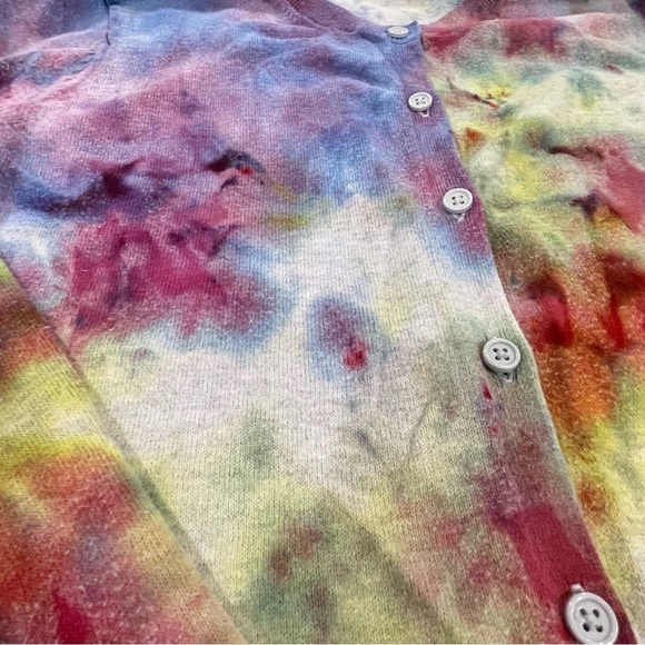 Tie dye long sleeve cotton cardigan in bright watercolor abstract pattern M - Picture 11 of 12